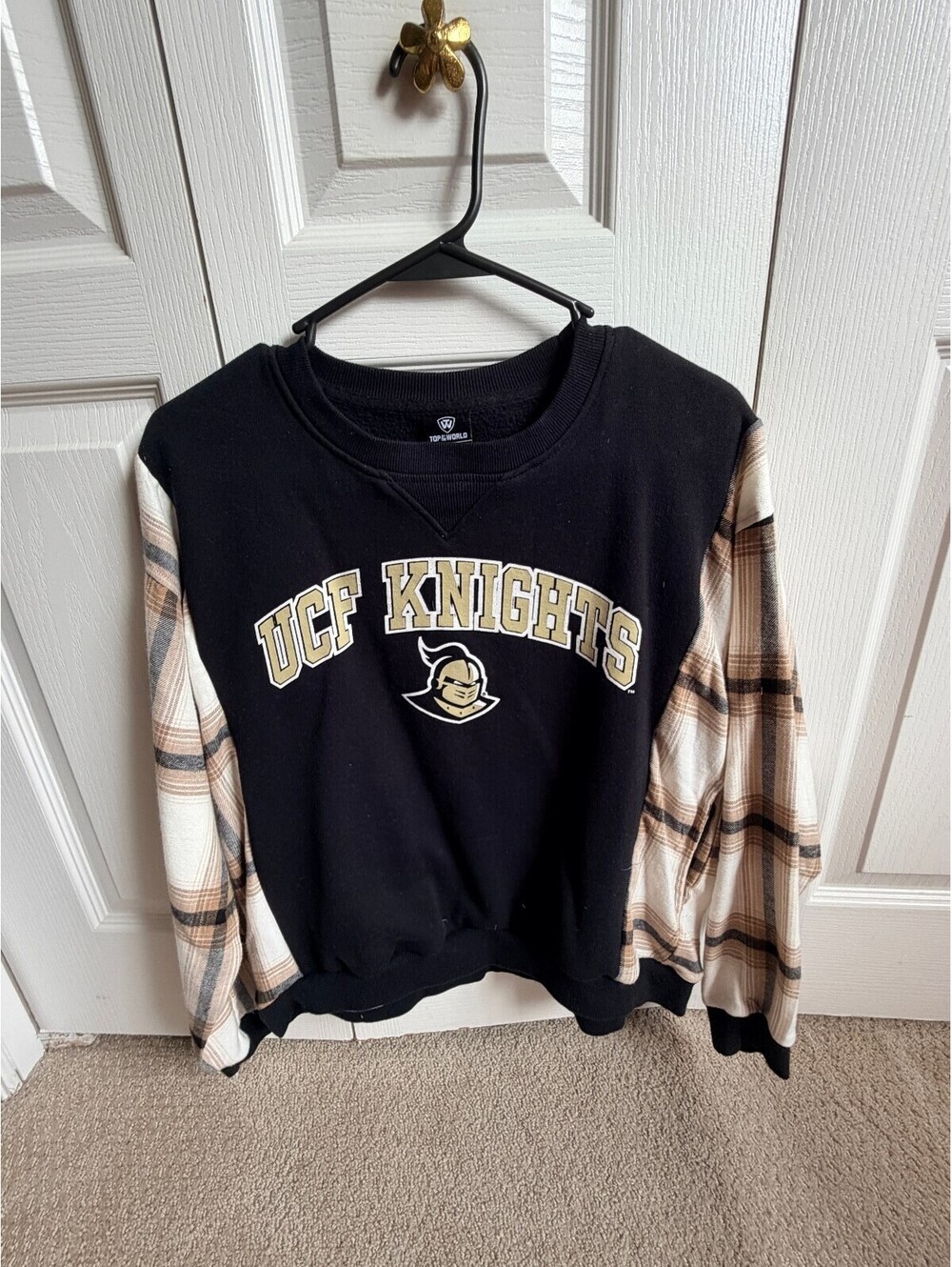 Reworked UCF Knights Black Sweatshirt with Plaid Sleeves, Size Medium